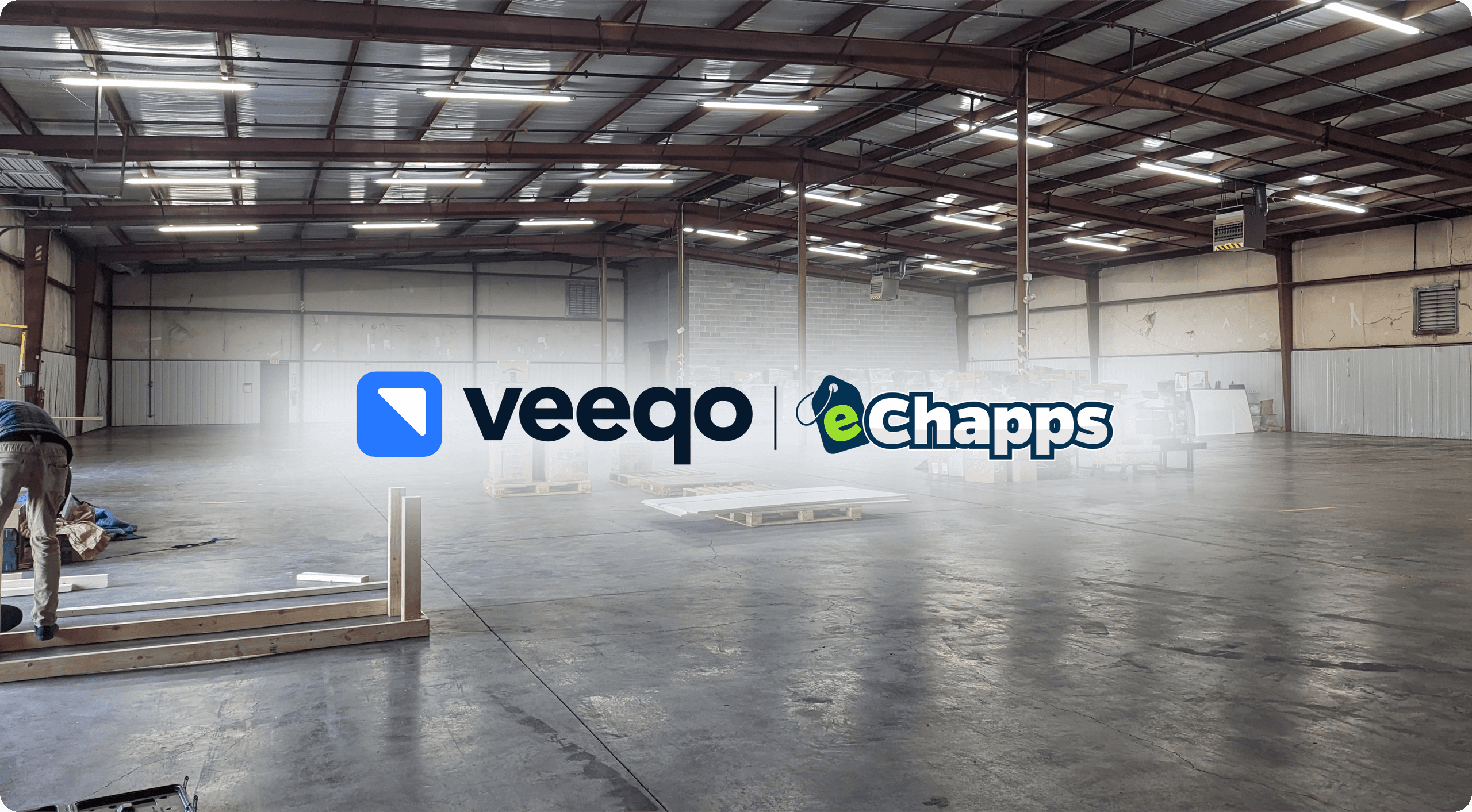 eChapps warehouse with eChapps and Veeqo logos over the top