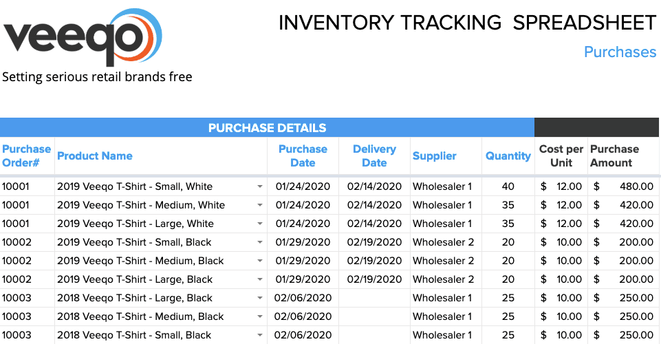 Inventory tracking spreadsheet: Purchase data